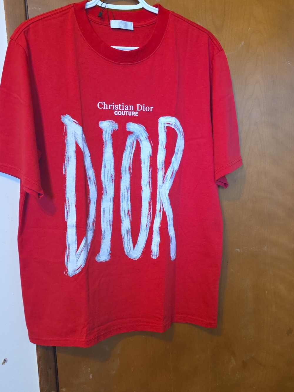 Dior Red Tee with White Brushstroke 'DIOR' Logo